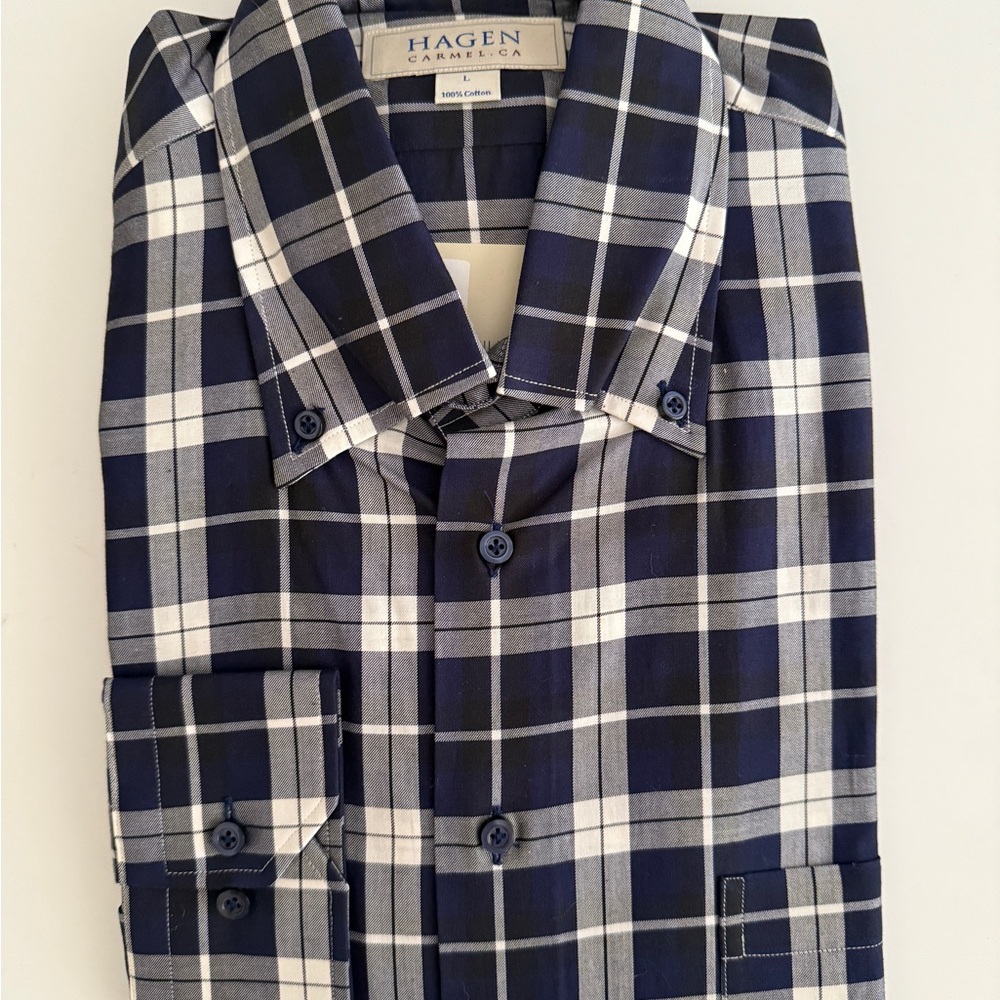 Men's Hagen Navy Plaid Shirt, NWT, size L